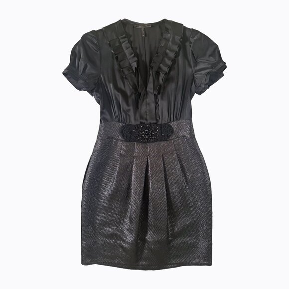 BCBGMaxAzria Dress Sz 4 Black Silk Metallic Ruffle V-Neck Embellished Waist Y2K - Picture 1 of 9